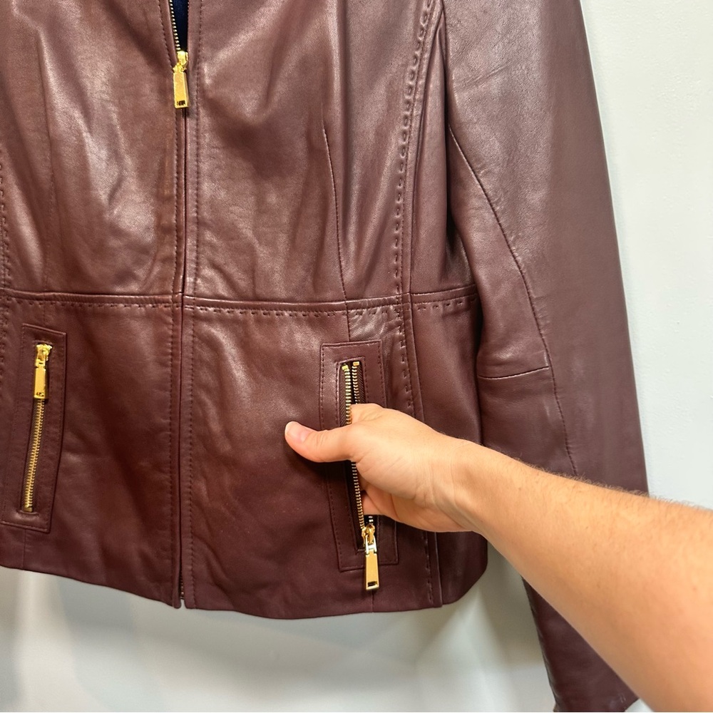 T Tahari dark chocolate brown 100% lamb leather jacket, size Large - Picture 2 of 7